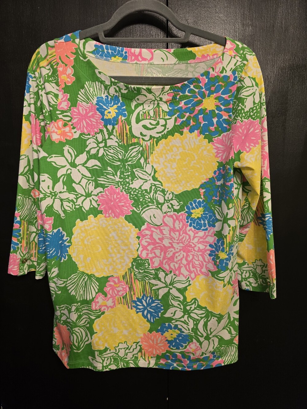 Lilly Pulitzer Juline Boatneck Top in "Hibiscus Stroll" - 3/4 Sleeve Size Med
